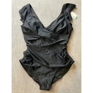 B2PRITY Womens Ruffle One Piece Swimsuit Black V Neck Monokini XL NEW